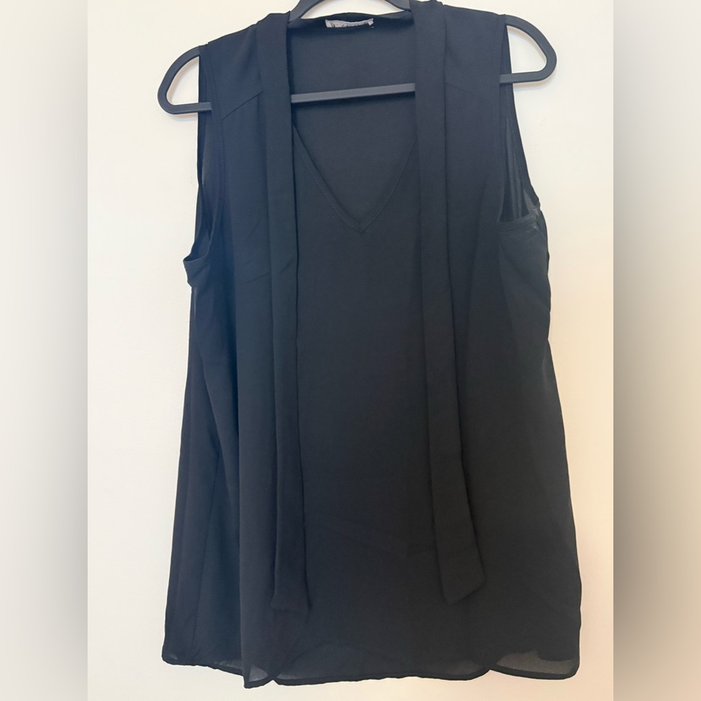 Chic Black Sleeveless Blouse with tie neck